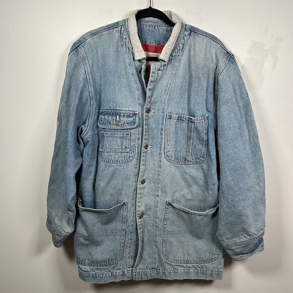 VTG Chore Coat Jean Jacket Barn Distressed Corduroy Collar Denim Men's Size M - Picture 1 of 10